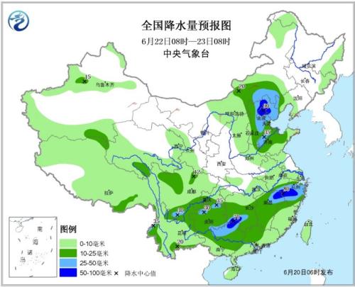 天下降水量预告图（6月22日08时-23日08时）