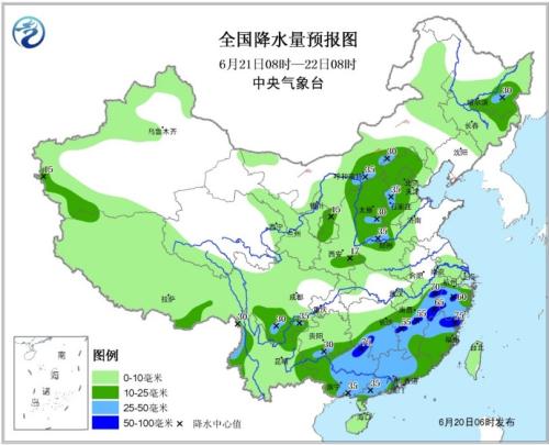 天下降水量预告图（6月21日08时-22日08时）